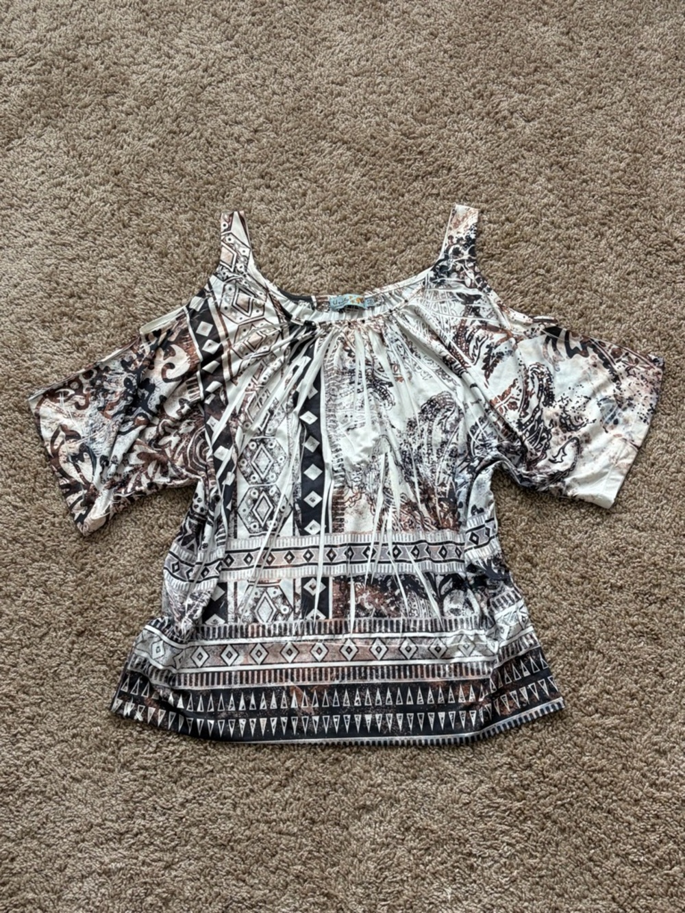 Womens Petite Cold-Shoulder Printed Boho Top - White and Brown